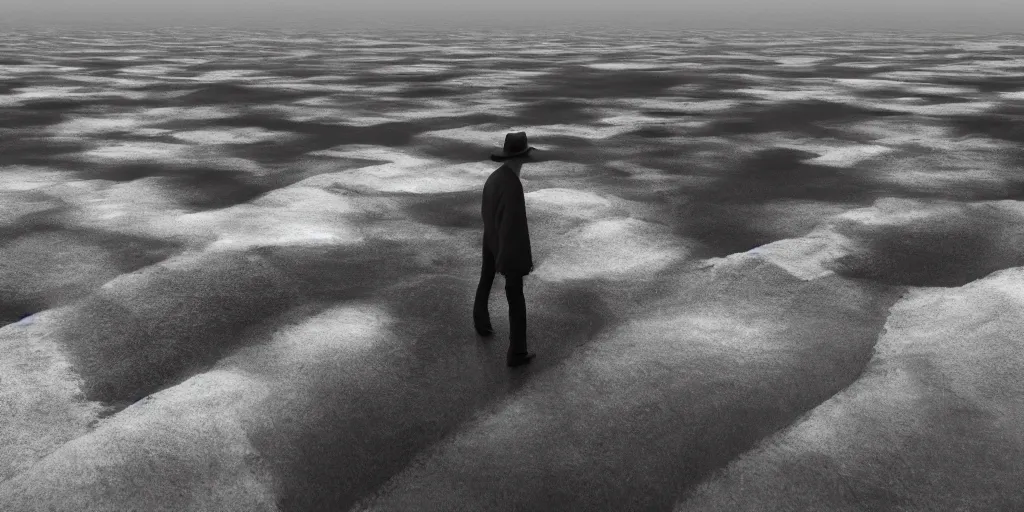 Prompt: Cinematic concept Art for film directed by Terrence Malick of a man standing in the beautiful salt planes