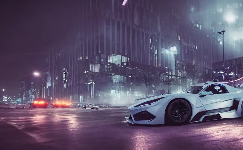 Prompt: a sport car in the streets at night whit blued headlights by Khyzyl Saleem, city landscape, stormy weather, atmospheric, trending artstaion, concept art, sharp focus, high detail, octane render, synth-wave