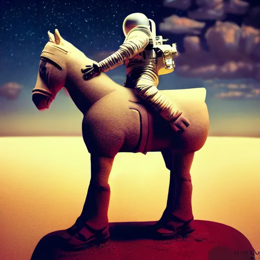Image similar to photography of anthropomorphic horse men riding on top of an astronaut horse back. from western by hiroyuki okiura and katsuhiro otomo and alejandro hodorovski style with many details by mike winkelmann and vincent di fate in sci - fi style. volumetric natural light photo on dsmc 3 system,
