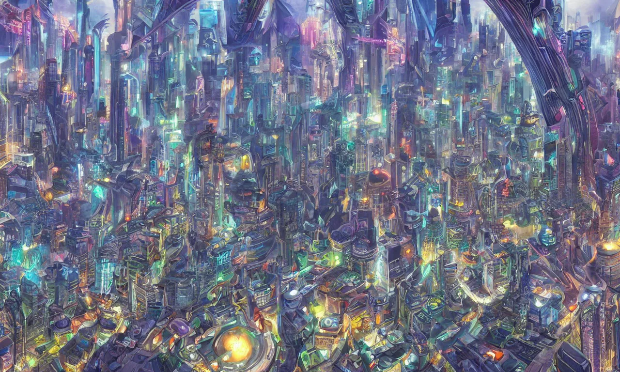 Prompt: futuristic city, illustration painting, oil on canvas, intricate, hd, digital art, overdetailed art, complementing colors, detailed, illustration painting by alex gray, digital art, syd meade