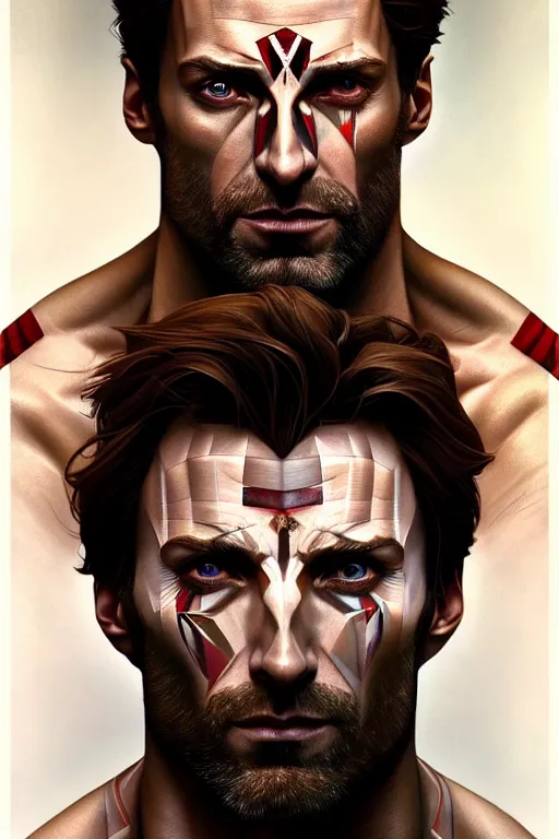 Image similar to symmetry!! portrait of hugh jackman in the boys in the style of god of war, machine parts embedded into face, intricate, elegant, highly detailed, digital painting, artstation, concept art, smooth, sharp focus, illustration, art by artgerm and greg rutkowski and alphonse mucha, 8 k