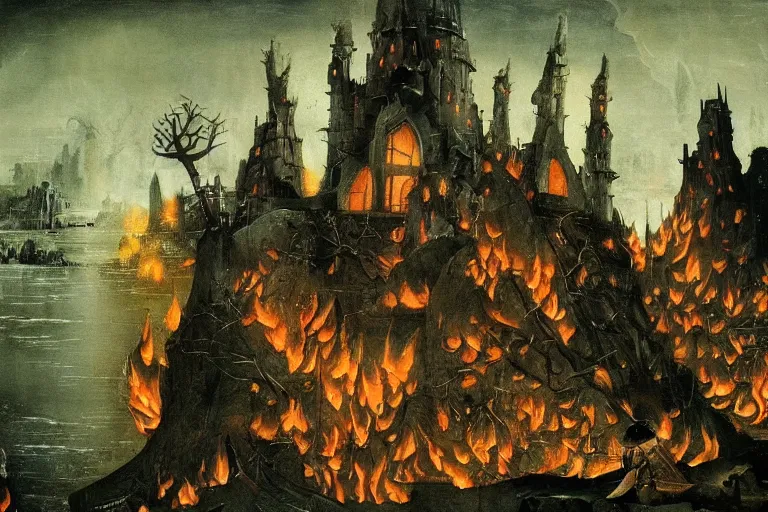 Image similar to dark souls firelink shrine painted by hieronymus bosch