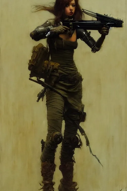 Image similar to portrait max mad cyberpunk, girl with a rifle character design, painting by gaston bussiere, katsuya terada, nc wyeth, greg rutkowski, craig mullins, vermeer, frank frazetta, tom of finland, trending on artstation, jeffery catherine jones