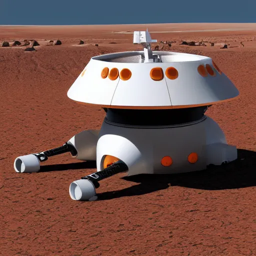 Image similar to a Space X design inspired, white colored, tall rounded rectangular shaped multi-level cargo personnel planetary transport vehicle with orange accents, wires and tubes, communication systems, antennas, on top is a hemisphere shaped life support pod, stairs, off road wheels, on a flat desert planet, sunlight, dramatic contrasting light, high quality, 3D render, long shot, clear blue sky, detailed