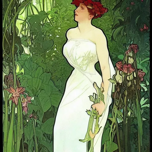 Image similar to elegant woman, white dress, dense jungle, trees, huge flowers, by alphonse mucha