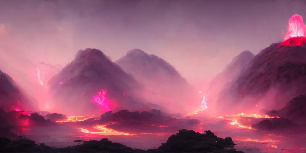 Image similar to a pink volcano flowing through the streets of a ancient greek city, extremely detailed digital painting, in the style of fenghua zhong and ruan jia and jeremy lipking and peter mohrbacher, mystical colors, rim light, beautiful lighting, 8 k, stunning scene, raytracing, octane, trending on artstation