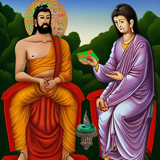 Prompt: brahma, jesus and the buddha playing a game of cards