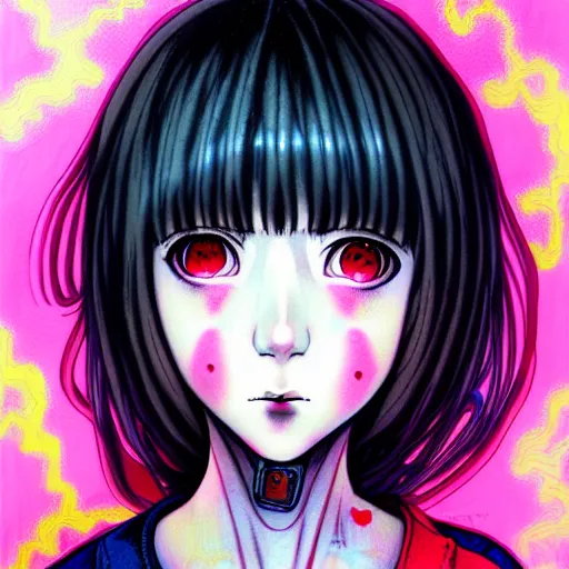 Prompt: full view of girl from serial experiments lain, style of yoshii chie and hikari shimoda and martine johanna, highly detailed