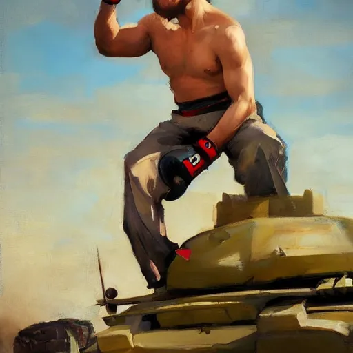 Image similar to greg manchess side portrait of a filipino mma fighter sitting on a tank, organic painting, sunny day, matte painting, bold shapes, hard edges, street art, trending on artstation, by huang guangjian, gil elvgren, ruan jia, randy vargas, greg rutkowski