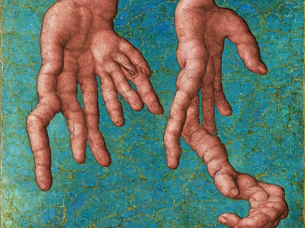 Image similar to sculpted hand with visible veins holding an eye. lapis - lazuli, emerald, turquoise, malachite, cinnabar, earth brown. painting by piero della francesca, ernst haeckel, agnes pelton