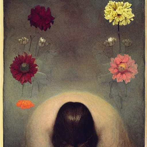 Image similar to beautiful woman's head surrounded by flowers and floating in the sky, by Odd Nerdrum, by Francisco Goya, by M.C. Escher, beautiful, eerie, surreal, colorful