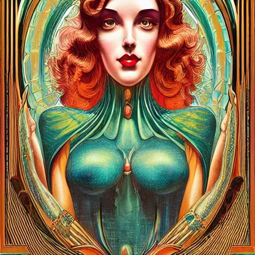 Image similar to an art deco portrait in the style of anna dittmann and donato giancola and virgil finlay.