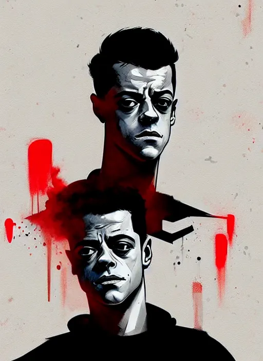 Image similar to highly detailed moody portrait of rami malek, elliot anderson, black hoody by atey ghailan, by greg rutkowski, by greg tocchini, by james gilleard, by joe fenton, by kaethe butcher, gradient red, black and white color scheme, grunge aesthetic!!! ( ( graffiti tag wall background ) )