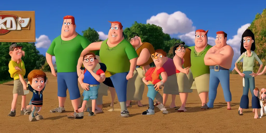 Image similar to King of the Hill in Pixar animation style, 4K