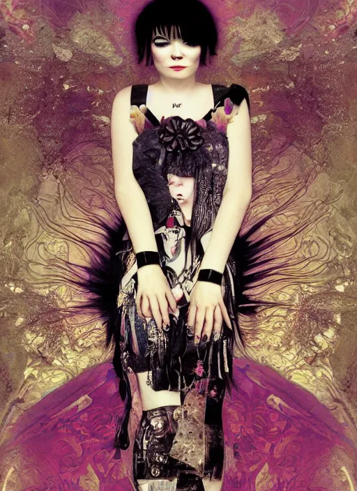 Image similar to cute punk goth fashion fractal young Bjork posing by Zhang Jingna, poster art by Hannah Höch Victor Moscoso Dan Mumford Kilian Eng Hannah Jeffrey Smith Rick Griffin Alphonse Mucha Gustav Klimt Ayami Kojima Amano Charlie Bowater, violet and black