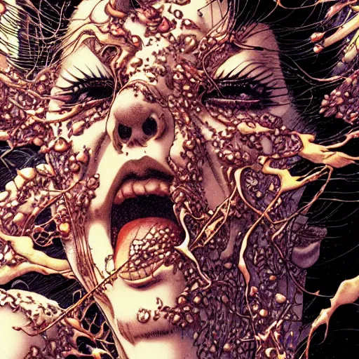 Image similar to closeup of face melting and tongues, by yoichi hatakenaka, masamune shirow, josan gonzales and dan mumford, ayami kojima, takato yamamoto, karol bak