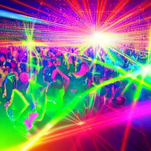 Image similar to rave party with colorful lasers and lighting and lots of people dancing in a crowd, digital art