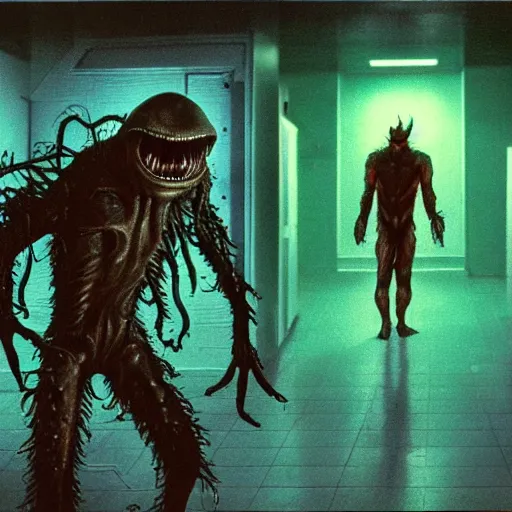 Image similar to a hyper detailed filmic realistic atmospheric full body backlit establashing wide shot 30mm color photograph of the alien organism creature rom The Thing 1982 with a snarling gorey mouth and limbs that are bundles of shape shifting alien tendrils decapitating a male 70-year-old doctor wearing a blue lab coat under dreary fluorescent lights in the style of a horror movie still