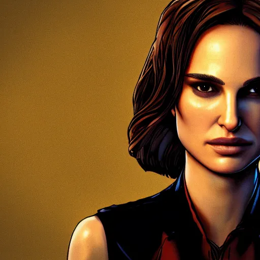 Image similar to natalie portman portrait, borderlands, tales from the borderlands, the wolf among us, comic, cinematic lighting, studio quality, 8 k