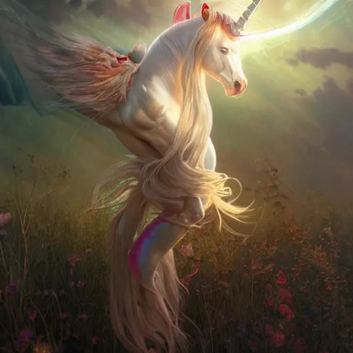 Prompt: a iridescent unicorn is injured, footsteps of blood leading up to it, toxic glowing smog in the sky, ultra realistic, concept art, intricate details, highly detailed, photorealistic, octane render, 8 k, art by art by artgerm and greg rutkowski and alphonse mucha