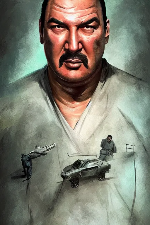 Prompt: portrait of sad steven seagal wearing prison jumpsuit, prison jumpsuit, digital painting, artstation, concept art, smooth, sharp focus, illustration, whimsical background by marc simonetti, artwork by liam wong, patriotic!