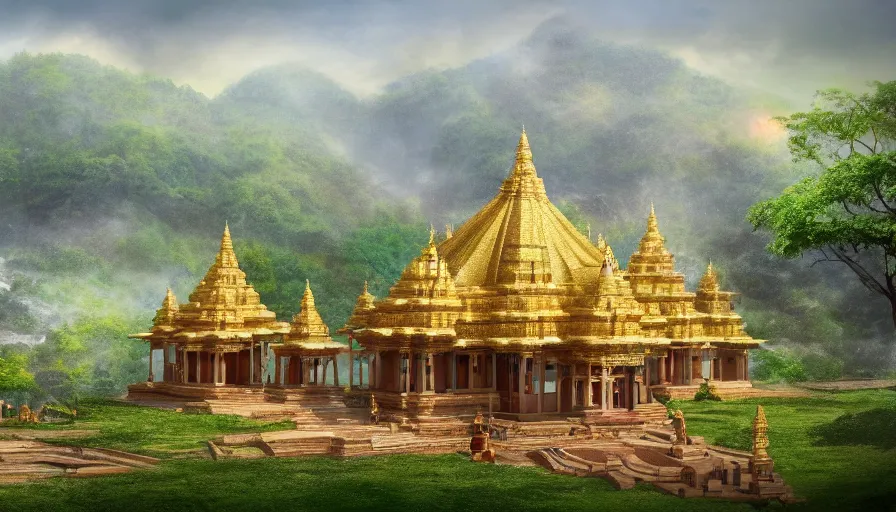Image similar to matte painting of a beautiful dvaravati village and buddhit temple, digital art, trending on artstation