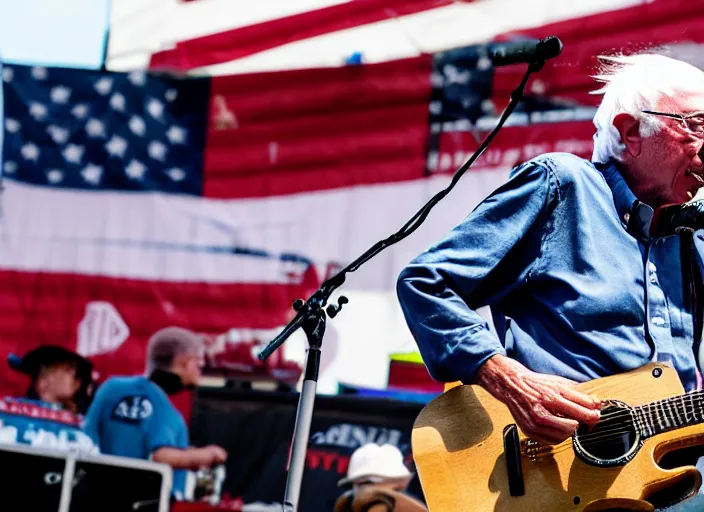 Image similar to photo still of bernie sanders at vans warped tour!!!!!!!! at age 8 0 years old 8 0 years of age!!!!!!! on stage shredding guitar, 8 k, 8 5 mm f 1. 8, studio lighting, rim light, right side key light