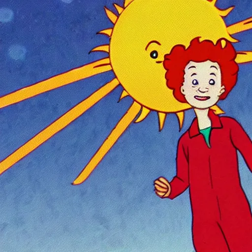 Prompt: screenshot of Ms. Frizzle accidentally ejecting a child into the sun, from The Magic School Bus (1994-1997), animated