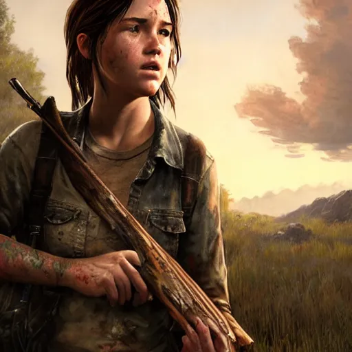 Prompt: ultra realistic portrait painting of ellie from the last of us as a western outlaw, art by frank frazetta, 4 k, ultra realistic, highly detailed, epic lighting