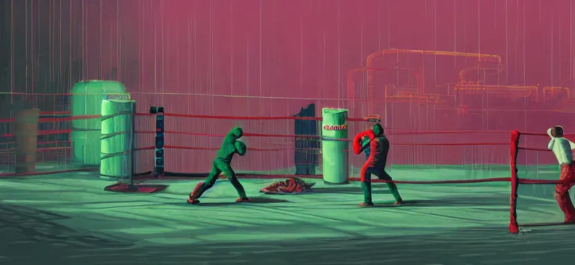 Prompt: handmade illustration of a boxing match in an industrial room, line art, octane render with volumetric lighting, miniatures by wes anderson, cedric peyraavernay, waste processing machinery, bladerunner, green and red radioactive swamp, by Remedios Varo and Anato Finnstark and Greg Rutkowski, dayglo pink, dayglo blue, by Craig Mullins, ilya kuvshinov, krenz cushart, artgerm, 8k, trending on ArtStation
