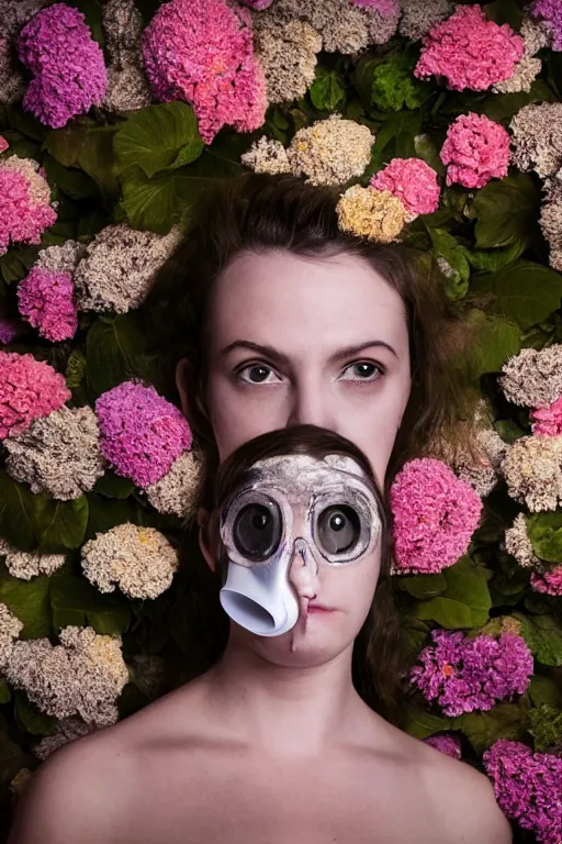 Prompt: a surreal portrait of a woman wearing gas mask melting into a wall of flowers in the style of brooke didonato, editorial fashion photography from vogue magazine, full shot, nikon d 8 1 0, ƒ / 2. 5, focal length : 8 5. 0 mm, exposure time : 1 / 8 0 0, iso : 2 0 0