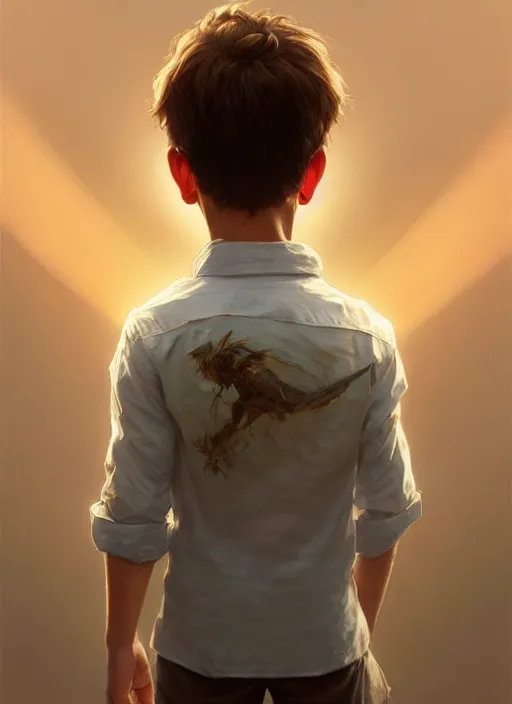 Image similar to perfectly - portrait of a boy wearing shirt from behind, backlighting, intricate, highly detailed, digital painting, artstation, concept art, smooth, sharp focus, illustration, unreal engine 5, 8 k, art by artgerm and greg rutkowski and alphonse mucha