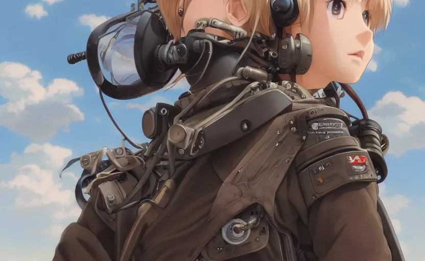 Image similar to pilot girl, cyborg aircraft parts, anime style, vintage pilot clothing, shoulder eyes, last exile anime, hair down, symmetrical facial features, from arknights, hyper realistic, 4 k, rule of thirds, extreme detail, detailed drawing, trending artstation, realistic lighting, by alphonse mucha, greg rutkowski, parachute backpack