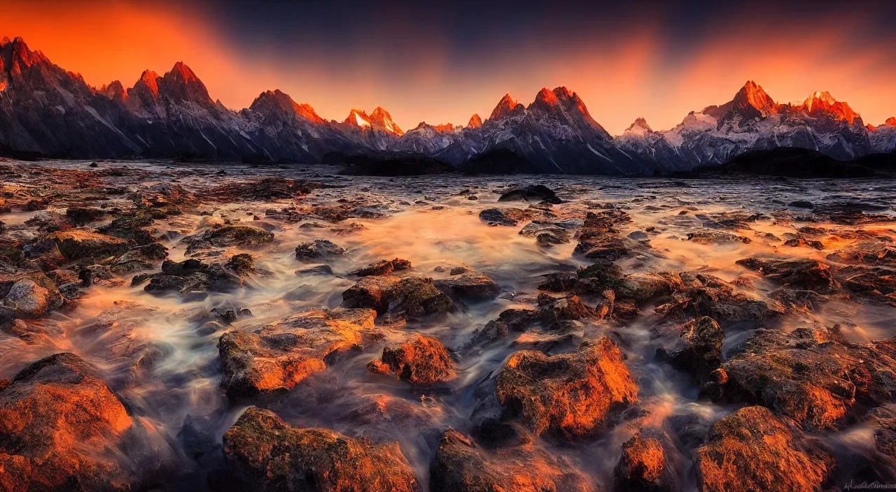 Image similar to amazing landscape photo of mountains with lake in sunset by marc adamus, beautiful dramatic lighting