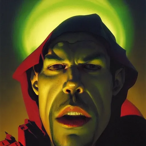 Image similar to 4k headshot of Spawn from Macfarlane comics , killing with green fire by Craig Mullins, ilya kuvshinov, krenz cushart, epic , artgerm trending on artstation by Edward Hopper and Dan Mumford and WLOP and Rutkovsky, beksinski carl spitzweg moebius and tuomas kocar, intricate artwork by caravaggio, Unreal Engine 5, Lumen, Nanite , 4K headshot of godlike clown with defined arms and open hands and bloody clothes with giant mandala wings , intricate face , flawless anime cel animation by Kentaro Miura, psychedelic , highly detailed upper body , professionally post-processed , beautiful, scary, symmetry accurate features, epic, octane rendered, anime masterpiece, accurate