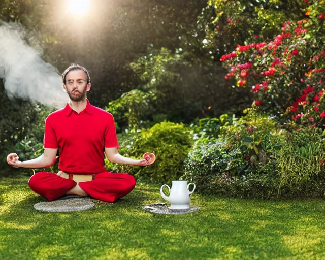 Prompt: mr robert is drinking fresh tea, smoke pot and meditate in a garden from spiral mug, detailed glad face, power belly, golden hour closeup photo, red elegant shirt, eyes wide open, ymmm and that smell