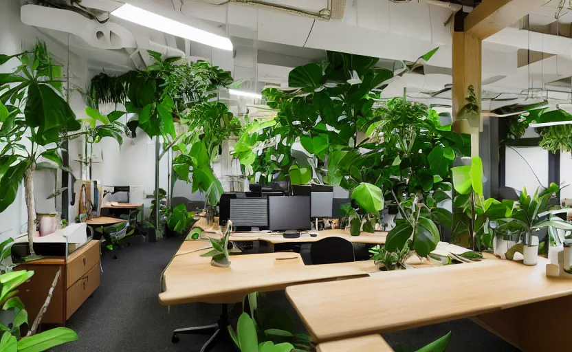 Image similar to jungle themed office space interior, multiple desks, minimalism, green, wood, japanese design, natural materials, beige, cupboards, large windows to a lush green courtyard with trees, retro futurism, swedish design, feng shui