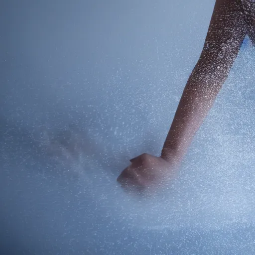 Image similar to photo of a woman emerging an endless pool of gravy in a blue fog. Motion blur.