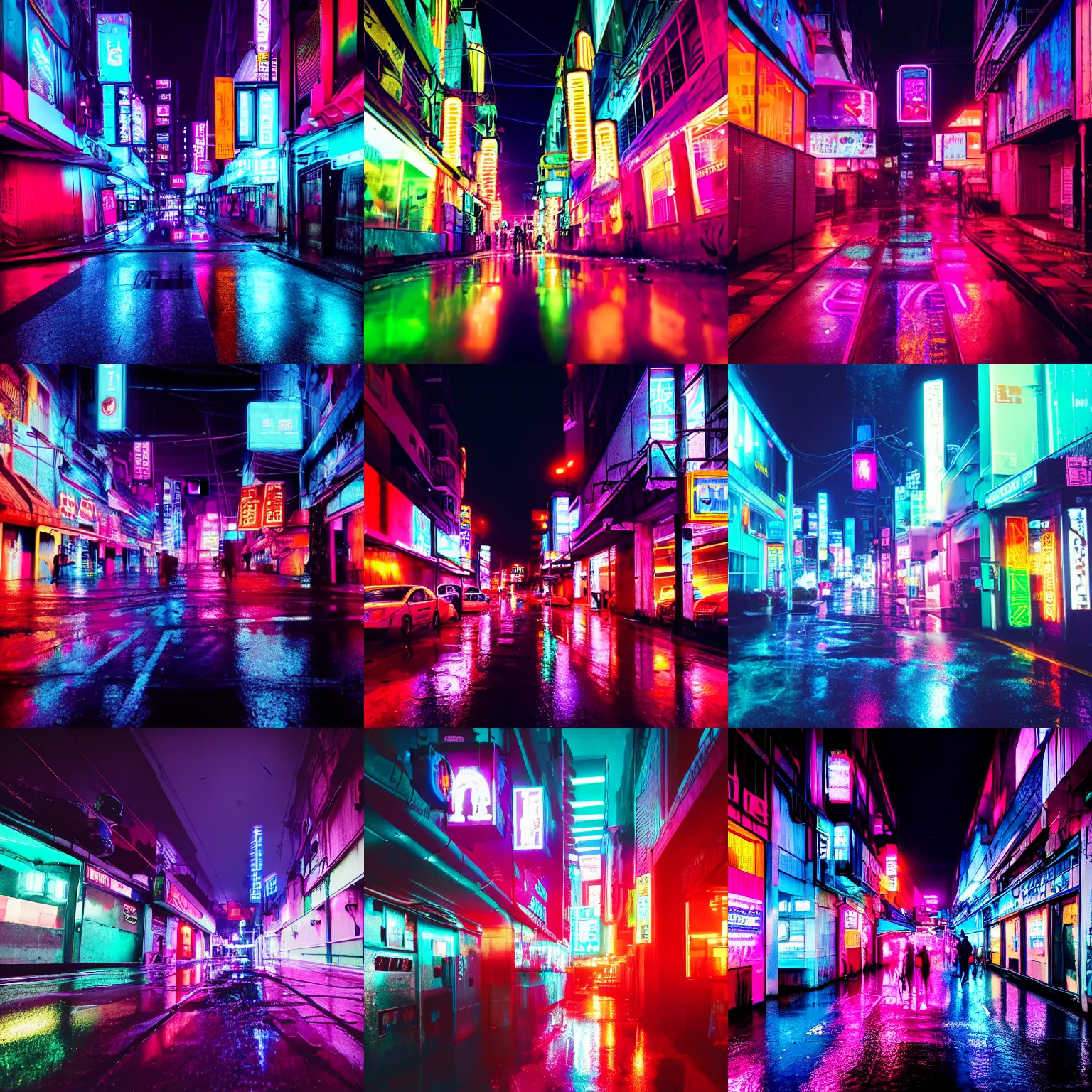 Prompt: colorful cyberpunk street, rain, neon lights, style of liam wong