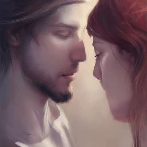 Prompt: perfectly centered symmetrical split male and female portrait of man and woman in love sharing one heart ; oil painting by charlie bowater and wlop, photorealistic, highly detailed ; trending on artstation