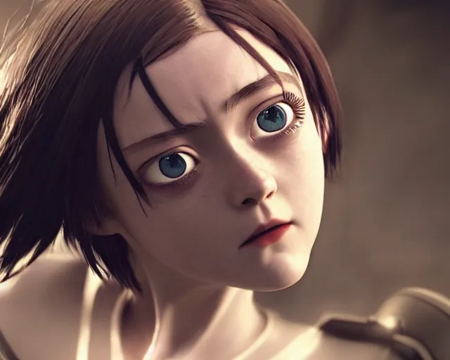 Prompt: film still of dakota fanning as battle angel alita, beautiful portrait, watery doe eyes, mouth agape, photorealistic, lifelike, human actress, octane engine, cinematic lighting, high detail, high resolution