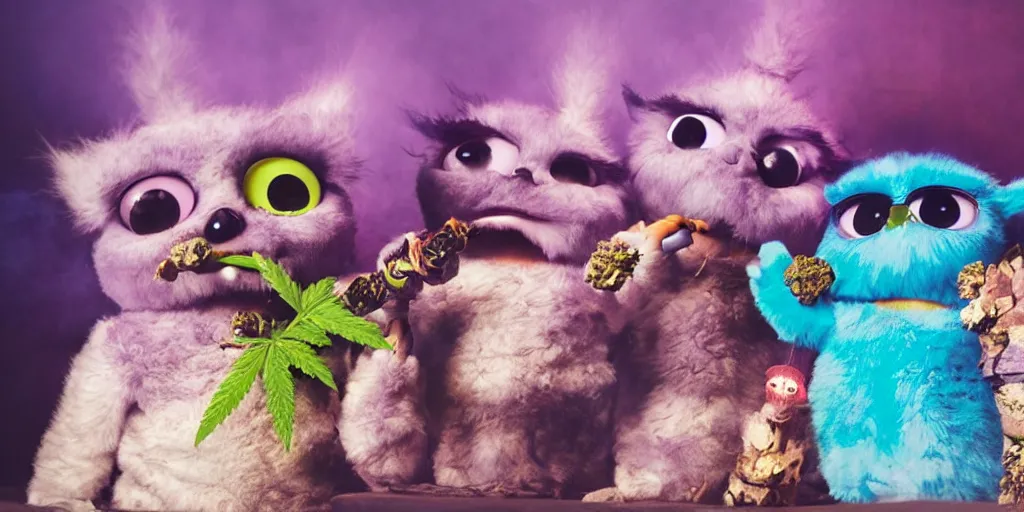 Image similar to a small group of furbies smoking cannabis!!!!! furbies with bongs!! smoking pipes!! and joints!!, smoke! fills the air of a small room, studio lighting, photograph