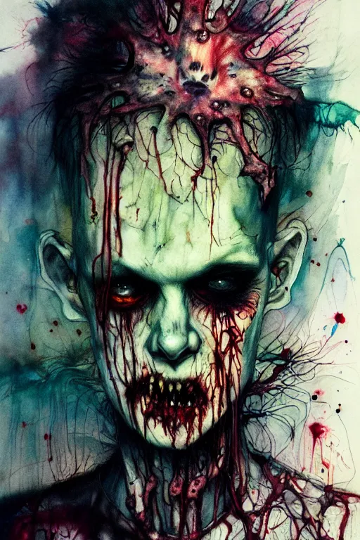 Image similar to zombie cop by agnes cecile, enki bilal, brian froud, bernie wrightson, intricated details, 3 / 4 view, full body portrait, extremely luminous bright design, horror, pastel colours, toxic drips, autumn lights