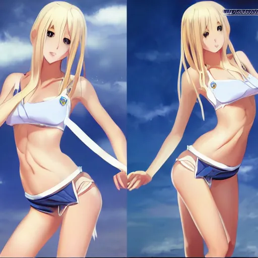 Image similar to full body shot : a very beautiful young blond basketball anime girl, sky blue eyes, bikini, white miniskirt, highly detailed, cinematic wallpaper by stanley artgerm lau