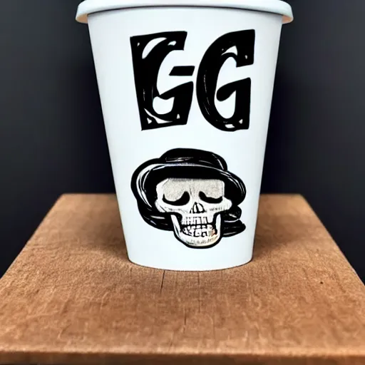 Image similar to a cup with a skeleton saying'gg ez '!!! on it,'gg ez '!!! text on the cup