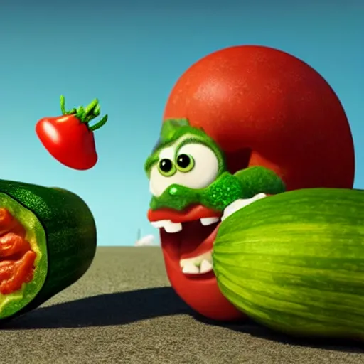 Image similar to detailed 3 d render of an angry zucchini character chasing a tomato figure with a knife in hand, hyper realistic octane render, dramatic scene, nightmare, surrealism, pixar, disney, cartoon