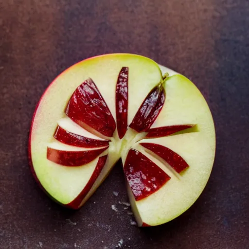 Image similar to close up image of a apple slice with bokeh bacground of cutting board and apple