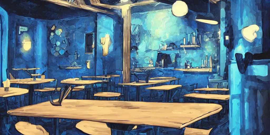 Image similar to cafe interior, blue and black tones, fantasy art, 2 d game art