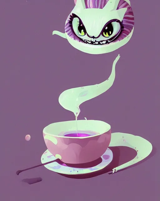 Prompt: cheshire cat drinking tea, by james gilleard, character art, art, very coherent, plain background, lighthearted, soft painting