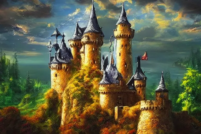 Image similar to castle, fantasy, painting, ultra realistic!!!, clear weather, golden hour, sharp focus